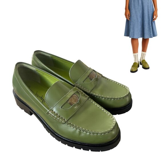 FREE PEOPLE GREEN LEATHER CHUNKY PENNY LOAFERS SIZE 8/38 LIKE NEW - Picture 2 of 6